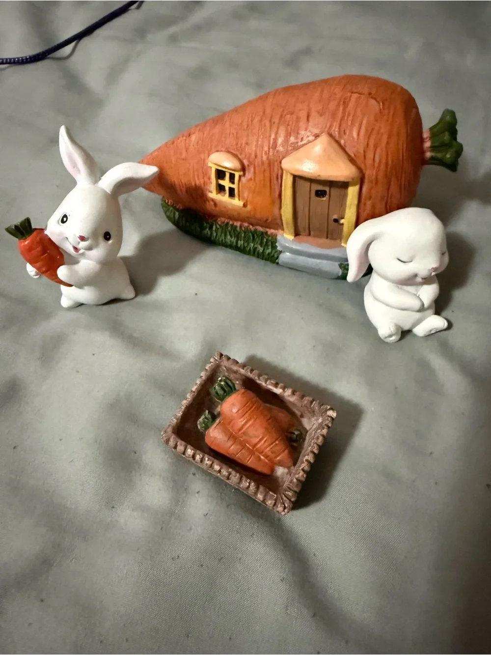 Small Decorative Carrot House and Bunny Figurine Set - White and Orange